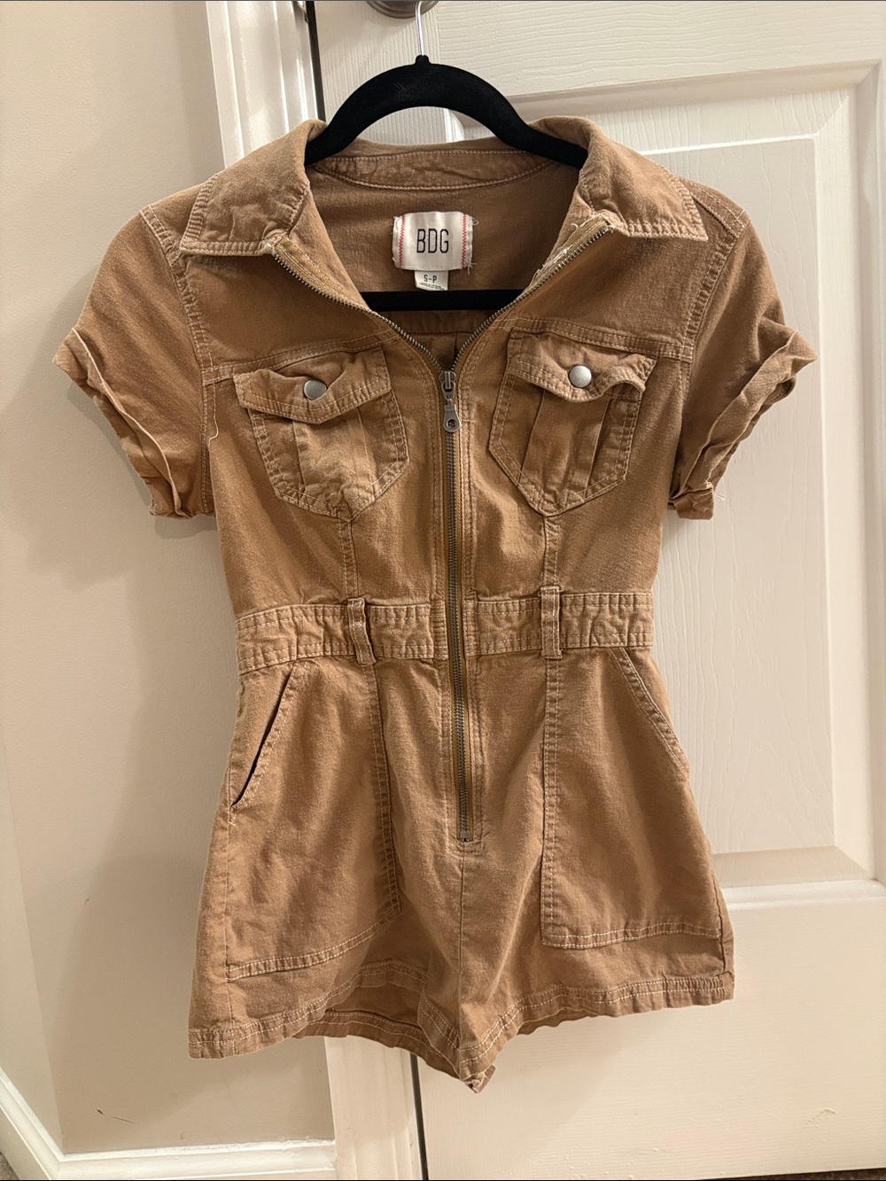 BDG Caramel Utility Short Sleeve Zip Romper